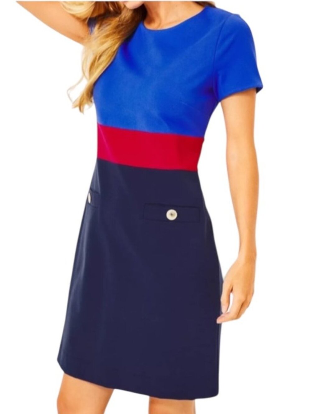 Lilly Pulitzer Emerson Short Sleeve Shift Dress Alba Blue Tricolor Colorblocked
